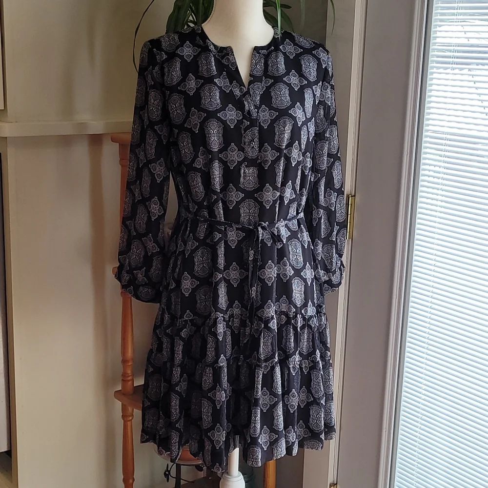 Rose and Olive Tiered Hemline Vee Neckline Graphic Print Dress - Size Medium - Picture 2 of 14
